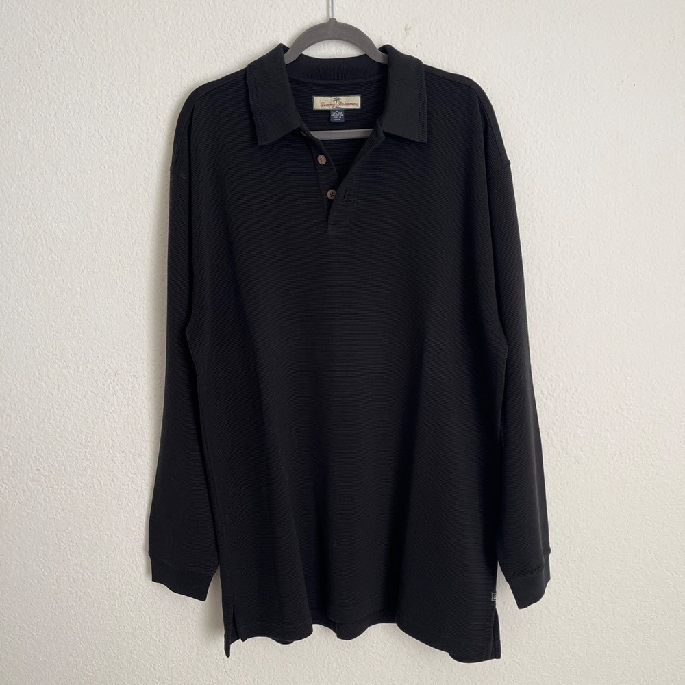 Tommy Bahama XL Black Silk Cotton Ribbed Polo Long Sleeve Preppy Old Money